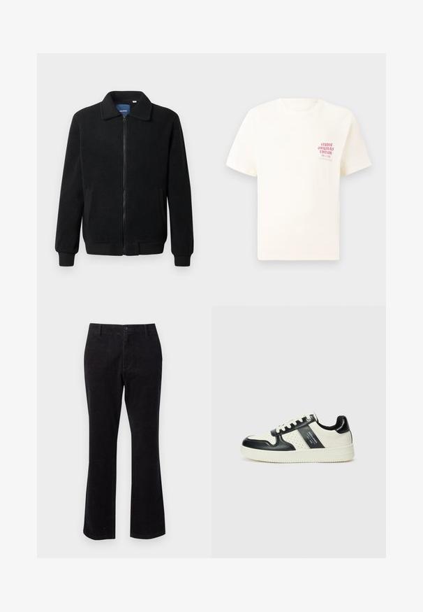 Zwarte fleece jas met een ritssluiting, staande kraag, ribgebreide manchetten en zijzakken met een textuur.; Witte T-shirt met korte mouwen met rode tekst "Studio Originals Edition" op de linker borst, weergegeven op een neutrale grijze achtergrond.; Zwarte corduroy broek met een uitlopende broekspijp, voorzien van een knoopsluiting aan de voorkant en standaardzakken voor functionaliteit. Glad textuur met verticale ribbels.; Leren sneakers met een zwart en crèmekleurig kleurenschema, voorzien van geperforeerde accenten, een gevoerde kraag en een gestructureerde buitenzool.