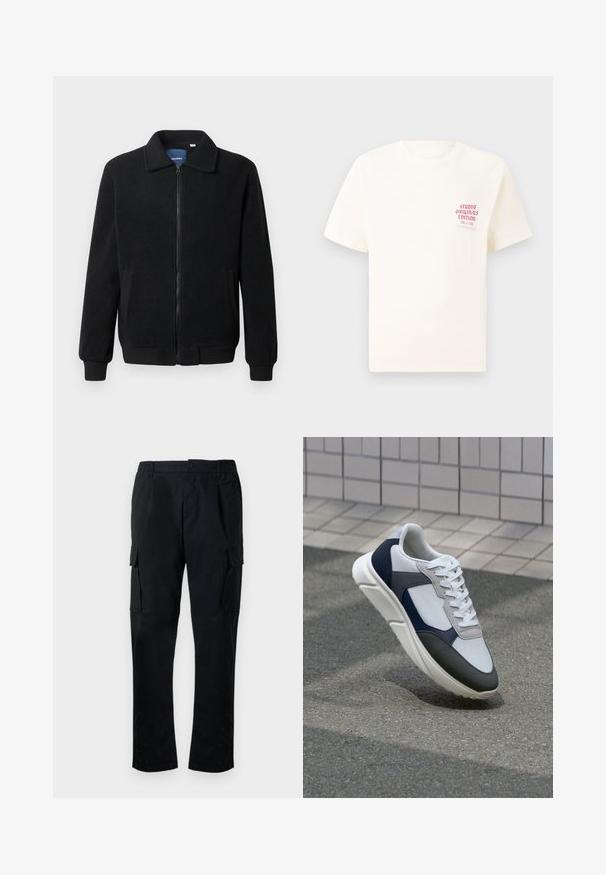 Μαύρο φλις μπουφάν με κλείσιμο με φερμουάρ, όρθιο γιακά, λαστιχένια μανίκια και πλάγιες τσέπες με υφή.; Άσπρη κοντομάνικη μπλούζα με κόκκινο κείμενο "Studio Originals Edition" στο αριστερό στήθος, παρουσιασμένη σε ουδέτερο γκρι φόντο.; Μαύροι cargo παντελόνες από απαλό ύφασμα, με ελαστική μέση, κλείσιμο με κουμπί και πλαϊνές τσέπες cargo για επιπλέον αποθήκευση.; Λευκά, ναυτικά και γκρι sneakers με σχέδιο από μικτά υλικά, που διαθέτουν υφή στο πάνω μέρος, επίπεδα κορδόνια και μαλακή σόλα.