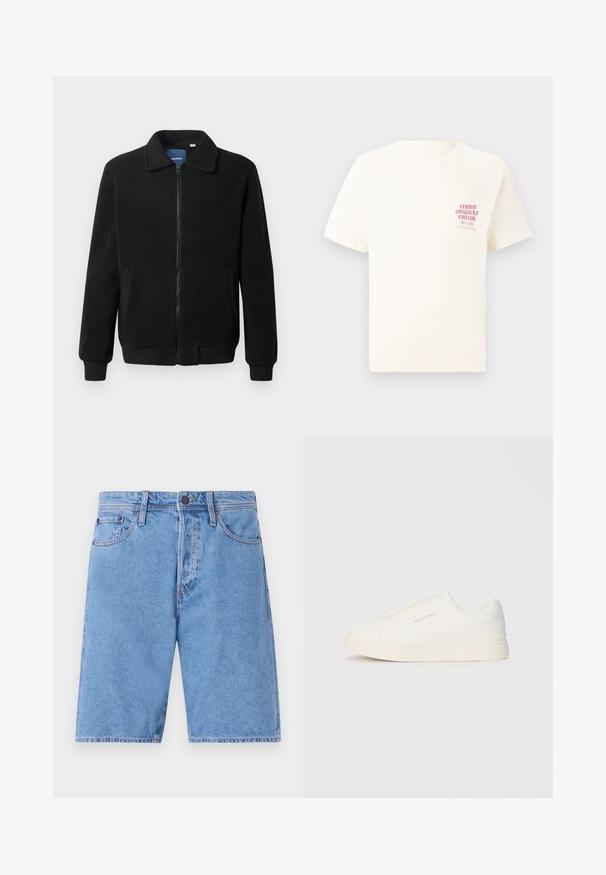 Svart fleecjacka med dragkedja, ståkrage, ribbade muddar och sidofickor med texturerad yta.; Vit kortärmad T-shirt med röd text "Studio Originals Edition" på vänster bröst, är uppställd på en neutral grå bakgrund.; Ljust blå denimshorts med klassisk femficksdesign, knappstängning och rak benstil, med en urtvättad textur och sömnadsdetaljer.; Vita slip-on sneakers med en texturerad yta, en tjock sula och minimalistisk design. Har varumärkeslogotypen på sidan.