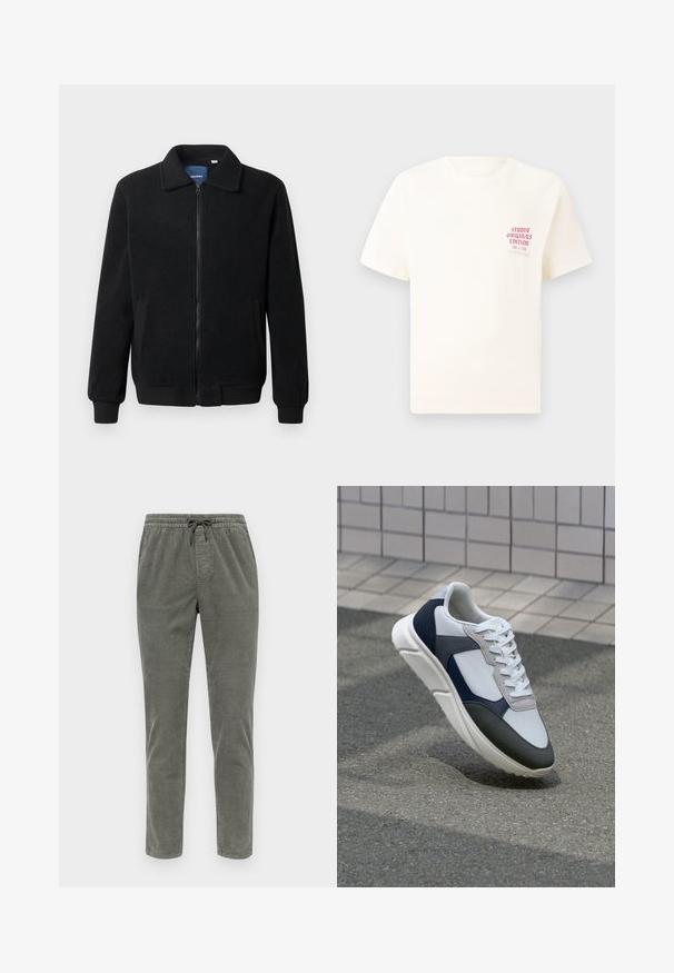 Schwarze Fleecejacke mit Reißverschluss, Stehkragen, gerippten Bündchen und seitlichen Taschen mit strukturiertem Oberflächenmaterial.; Weißes T-Shirt mit kurzen Ärmeln und rotem Text "Studio Originals Edition" auf der linken Brust, präsentiert vor einem neutralen grauen Hintergrund.; Olivengrüne Corduroyhosen mit elastischem Bund und Kordelzug, geradem Bein und strukturiertem Stoffmuster.; Weißer, marineblauer und grauer Sneaker mit einem Materialmix-Design, das ein strukturiertes Obermaterial, flache Schnürsenkel und eine gepolsterte Sohle aufweist.