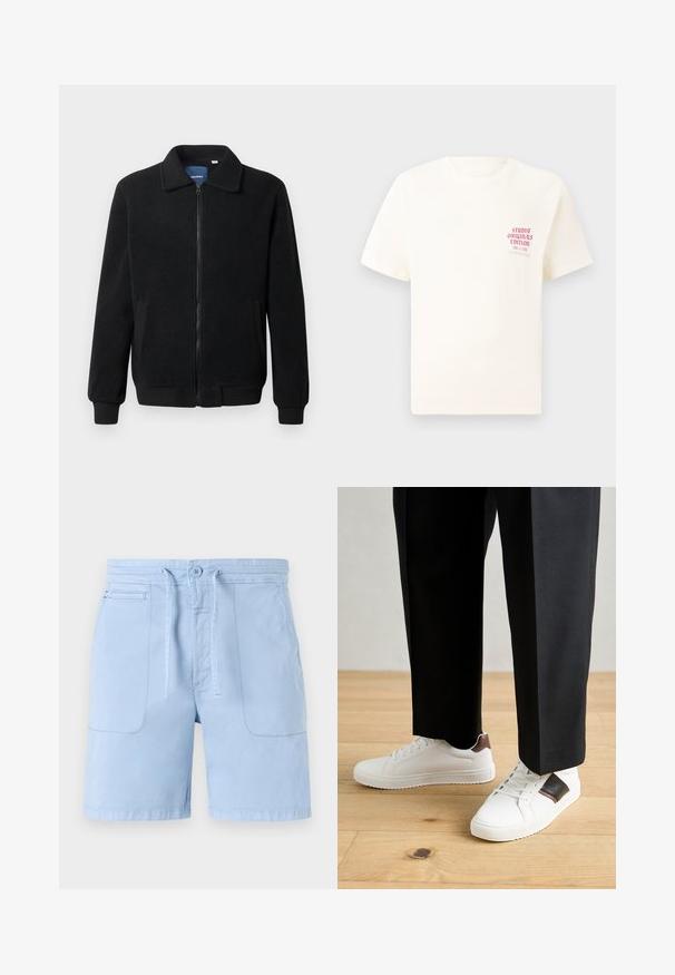 Musta fleece-takki, jossa on vetoketjulla suljettavat, pystykaulus, ribbireunat ja sivutaskut, joissa on teksturoitu pinta.; Valkoinen lyhythihainen t-paita, jossa on punainen teksti "Studio Originals Edition" vasemmalla rinnalla, esitetty neutraalilla harmaalla taustalla.; Vaaleansiniset puuvillahousut, joissa on nyörivyö, kaksi etutaskua ja sileä pinta. Perusdesign, jossa on minimisti yksityiskohtia.; Valkoiset tennarit, joissa on sileä pinta, ruskealla nahka-akentilla ja mustilla yksityiskohdilla, yhdistetty mustiin räätälöityihin housuihin. Taustalla puulattia.