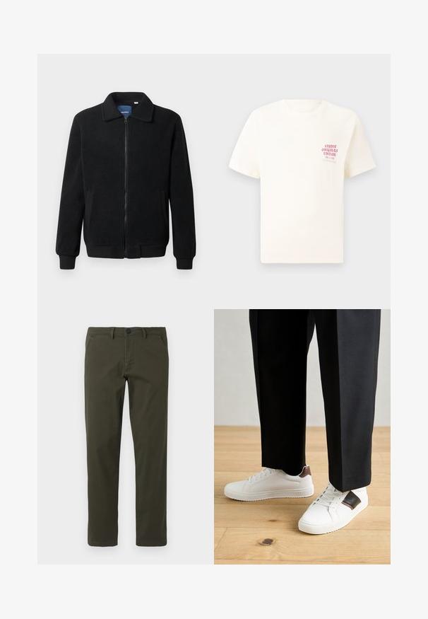 Fekete bolyhos dzseki cipzárral, állógallérral, bordázott mandzsettákkal és oldalzsebekkel, textúrált felülettel.; Fehér, rövid ujjú póló, bal mellen piros szöveggel "Studio Originals Edition", semleges szürke háttér előtt.; Olivazöld, egyenes szárú nadrág, pamut keverék anyagból készült. Cipzáras első rész, övtartó gyűrűk és két oldalsó zseb jellemzi. Sima textúra.; Fehér sneaker, sima textúrával, barna bőr díszítéssel és fekete részletekkel, fekete szabott nadrággal párosítva. Fából készült padló háttér.