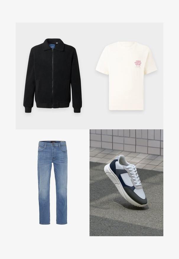 Crni flis jakna s zatvaranjem na zip, stojećim ovratnikom, rebrastim manžetama i bočnim džepovima s teksturiranom površinom.; Bijela kratka majica s kratkim rukavima s crvenim natpisom "Studio Originals Edition" na lijevoj strani grudi, prikazana na neutralnoj sivoj pozadini.; Svijetloplave traperice s ravnim krojem, pet džepova i suptilnim izbjeljivanjem na nogama. Tkanina od ispletenog materijala s čvrstom teksturom.; Bijela, mornarsko plava i siva tenisica s dizajnom od miješanih materijala, koja ima teksturirani gornji dio, ravne vezice i udoban đon.