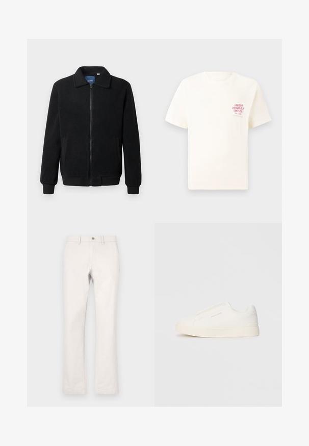Musternahk fleece-jakk musternahaga, tõmblukk, seisev kaelus, soonikkoes varrukad ja küljetaskud tekstuurse pinnaga.; Valge lühikeste varrukatega T-särk, millel on vasakul rinnal punane tekst "Studio Originals Edition", esitatud neutraalsel hallil taustal.; Heledad beezid püksid, mis on valmistatud puuvillast. Omavad sirgeid sääri, nupuga sulgemist ja küljetaskuid funktsionaalsuse jaoks. Ühtlane tekstuur kogu ulatuses.; Valged libisemiskindlad tossud tekstuuriga pinnaga, paksu tallaga ja minimalistikus disainis. Küljel on brändi logo.