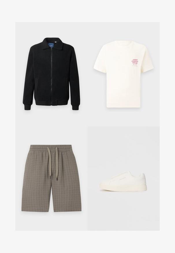 Veste en polaire noire avec fermeture éclair, col montant, poignets côtelés et poches latérales avec une surface texturée.; T-shirt blanc à manches courtes avec le texte rouge "Édition Originals du Studio" sur la poitrine gauche, présenté sur un fond gris neutre.; Shorts bruns texturés avec une taille élastique et un cordon de serrage ajustable ; caractéristiques d'un tissu doux et léger avec un motif à carreaux.; Baskets blanches sans lacets avec une surface texturée, une semelle épaisse et un design minimaliste. Présente le logo de la marque sur le côté.