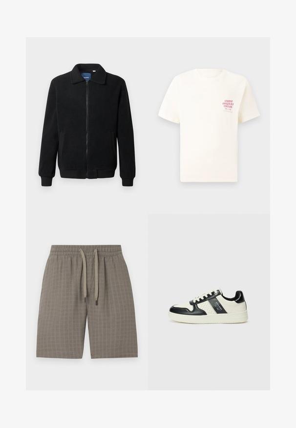 Sort fleecejakke med lynlås, opretstående krave, ribbede manchetter og sidelommer med en tekstureret overflade.; Hvid kortermet T-shirt med rød tekst "Studio Originals Edition" på venstre bryst, vist på en neutral grå baggrund.; Brune, strukturerede shorts med elastisk talje og justerbar snor; har et blødt, let stof og et ternet mønster.; Lædersneakers i sort og creme farveskema, med perforerede detaljer, en polstret krave og en struktureret ydersål.