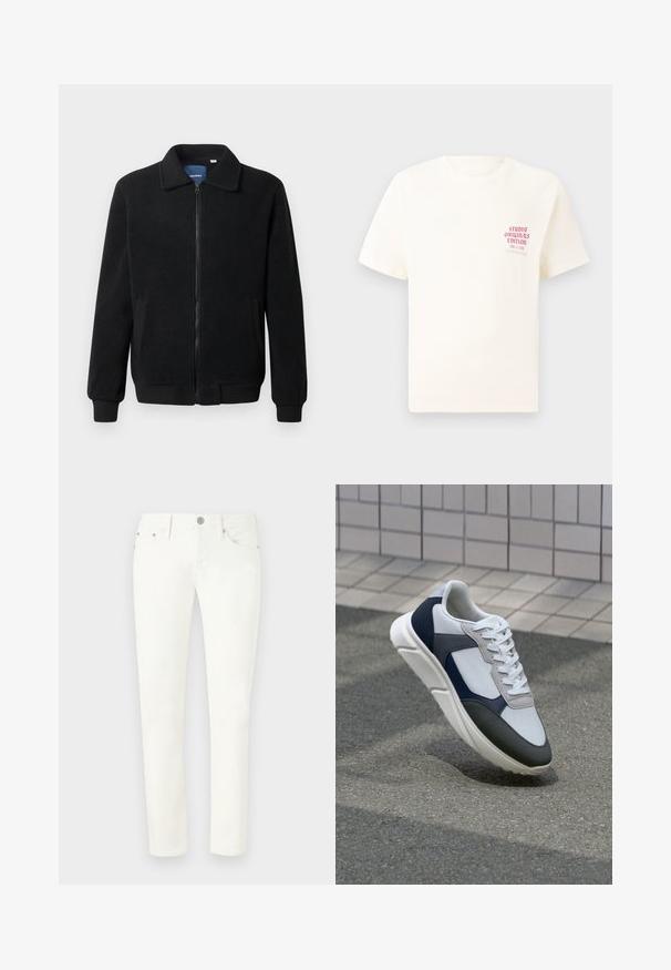 Black fleece jacket featuring a zip closure, stand collar, ribbed cuffs, and side pockets with a textured surface.; White short-sleeve T-shirt with red text "Studio Originals Edition" on left chest, displayed on a neutral gray background.; White denim jeans with a slim fit. Features include five pockets, a front button closure, and metal hardware accents. Smooth texture.; White, navy, and gray sneaker with a mixed material design, featuring a textured upper, flat laces, and a cushioned sole.