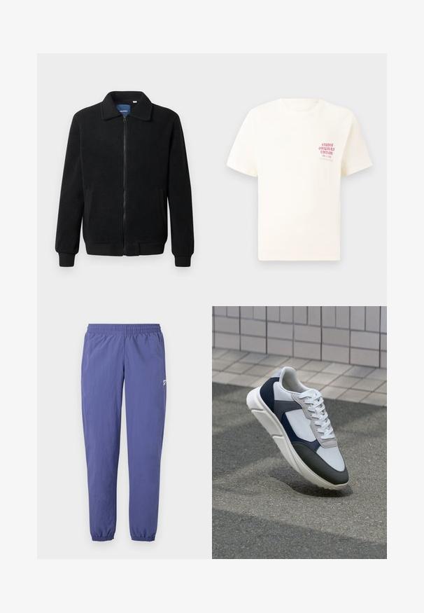Black fleece jacket featuring a zip closure, stand collar, ribbed cuffs, and side pockets with a textured surface.; White short-sleeve T-shirt with red text "Studio Originals Edition" on left chest, displayed on a neutral gray background.; Purple windbreaker pants with an elastic waistband, tapered legs, elastic cuffs, and a side pocket featuring a small logo detail.; White, navy, and gray sneaker with a mixed material design, featuring a textured upper, flat laces, and a cushioned sole.