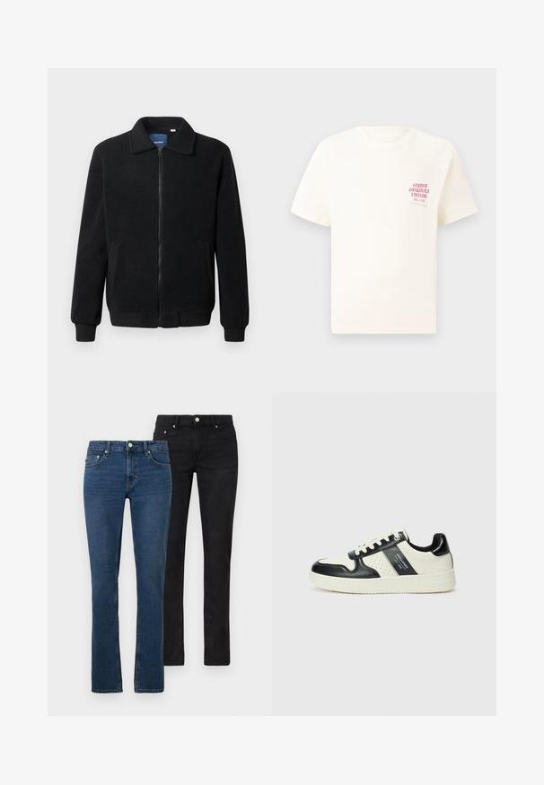 Casaco de polar preto com fecho de correr, gola alta, punhos canelados e bolsos laterais com uma superfície texturizada.; T-shirt branca de mangas curtas com o texto vermelho "Edição Originais do Estúdio" no lado esquerdo do peito, apresentada sobre um fundo cinza neutro.; Dois pares de jeans: um azul claro e um preto. Ambos são de perna reta, feitos de denim, com bolsos frontais e detalhes em botão de metal.; Ténis de couro com um esquema de cores em preto e creme, apresentando detalhes perfurados, um colarinho acolchoado e uma sola texturizada.