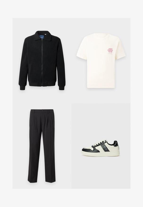 Casaco de polar preto com fecho de correr, gola alta, punhos canelados e bolsos laterais com uma superfície texturizada.; T-shirt branca de mangas curtas com o texto vermelho "Edição Originais do Estúdio" no lado esquerdo do peito, apresentada sobre um fundo cinza neutro.; Calças pretas ajustadas, feitas de um tecido suave, com pregas na parte da frente, fechamento com botão e um design de perna reta.; Ténis de couro com um esquema de cores em preto e creme, apresentando detalhes perfurados, um colarinho acolchoado e uma sola texturizada.