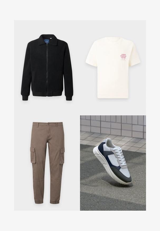 Black fleece jacket featuring a zip closure, stand collar, ribbed cuffs, and side pockets with a textured surface.; White short-sleeve T-shirt with red text "Studio Originals Edition" on left chest, displayed on a neutral gray background.; Cargo pants in a muted brown hue, made from lightweight fabric, featuring multiple side pockets, elastic cuffs, and a classic button fastening.; White, navy, and gray sneaker with a mixed material design, featuring a textured upper, flat laces, and a cushioned sole.