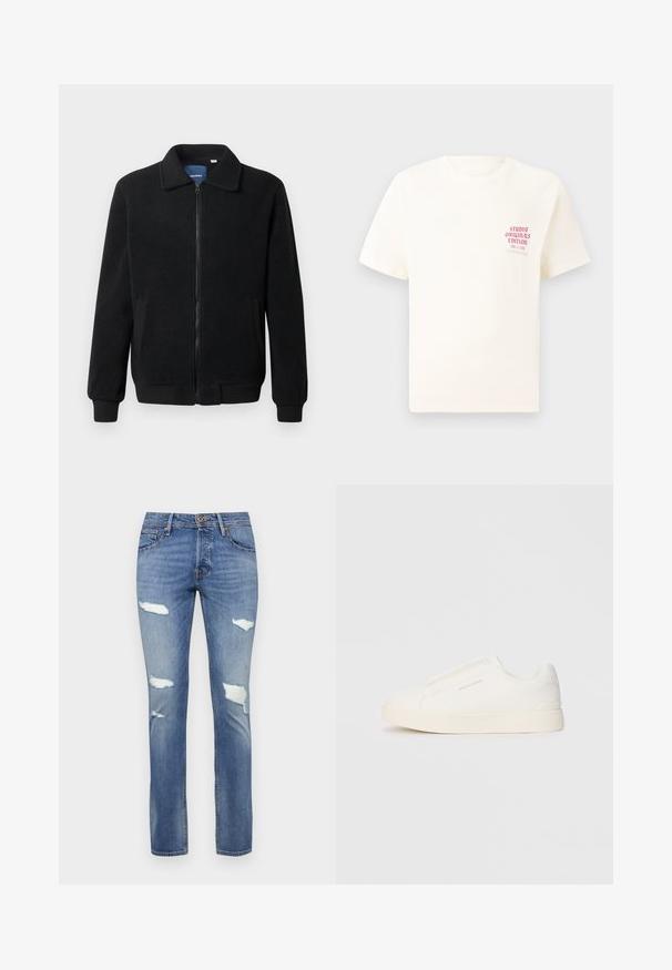 Casaco de polar preto com fecho de correr, gola alta, punhos canelados e bolsos laterais com uma superfície texturizada.; T-shirt branca de mangas curtas com o texto vermelho "Edição Originais do Estúdio" no lado esquerdo do peito, apresentada sobre um fundo cinza neutro.; Jeans de ganga azul com um acabamento ligeiramente desbotado, apresentando múltiplos rasgos desgastados e um design de perna reta. Fecho de botão na cintura.; Sapatilhas brancas de atacar com uma superfície texturizada, sola grossa e design minimalista. Possui o logo da marca na lateral.