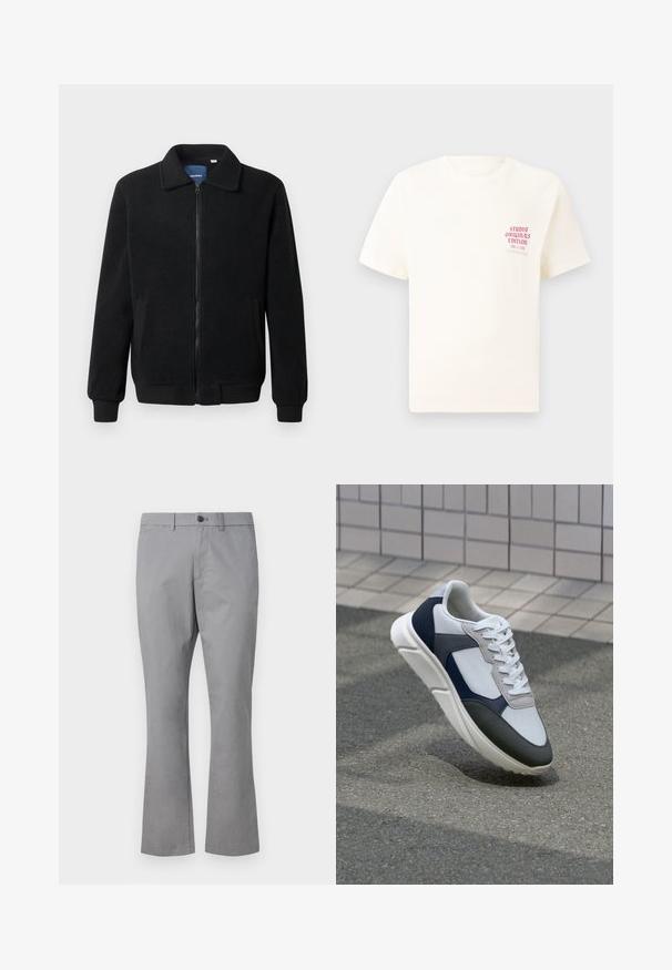 Zwarte fleece jas met een ritssluiting, staande kraag, ribgebreide manchetten en zijzakken met een textuur.; Witte T-shirt met korte mouwen met rode tekst "Studio Originals Edition" op de linker borst, weergegeven op een neutrale grijze achtergrond.; GAP SLIM PERFORMANCE STRETCH - Chino - pilot grey; Witte, marineblauwe en grijze sneaker met een gemengde materiaald ontwerp, met een gestructureerde bovenkant, platte veters en een gevoerde zool.