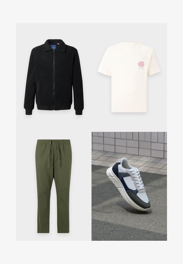 Melnā vilnas jaka ar rāvējslēdzēju, stāvošu apkakli, ribotām piedurknēm un sānu kabatām ar teksturētu virsmu.; Balts īsām piedurknēm T-krekls ar sarkanu tekstu "Studio Originals Edition" uz kreisā krūšu, pakārtots neitrālā pelēkā fonā.; Olīvu zaļas bikses ar elastīgu jostu un regulējamu auklu; taisnas kājas un gluda, mīksta auduma tekstūra.; Balti, tumši zili un pelēki sporta apavi ar jauktu materiālu dizainu, kuram ir teksturēts augšdaļa, plakani šņores un mīkstināta zole.