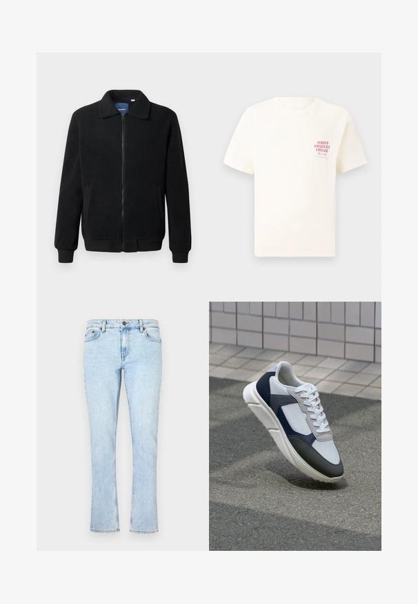 Juodas fliso džemperis su užtrauktuku, stovinčia apykakle, gumuotais rankogaliais ir šoninėmis kišenėmis, turinčiomis tekstūruotą paviršių.; Balta trumpa rankovėmis marškinėliai su raudonu užrašu "Studio Originals Edition" kairiajame krūtinės šone, rodomi neutralioje pilkoje aplinkoje.; Šviesiai mėlynos džinsinės kelnės su tiesiu kojų kirpimu, turinčios mygtuko užsegimą, penkias kišenes ir švelnų dėvėjimosi efektą, suteikiantį tekstūrą.; Baltos, tamsiai mėlynos ir pilkos sportbačiai su mišriomis medžiagomis, turintys tekstūruotą viršutinę dalį, plokščius raištelius ir paminkštintą pado dalį.