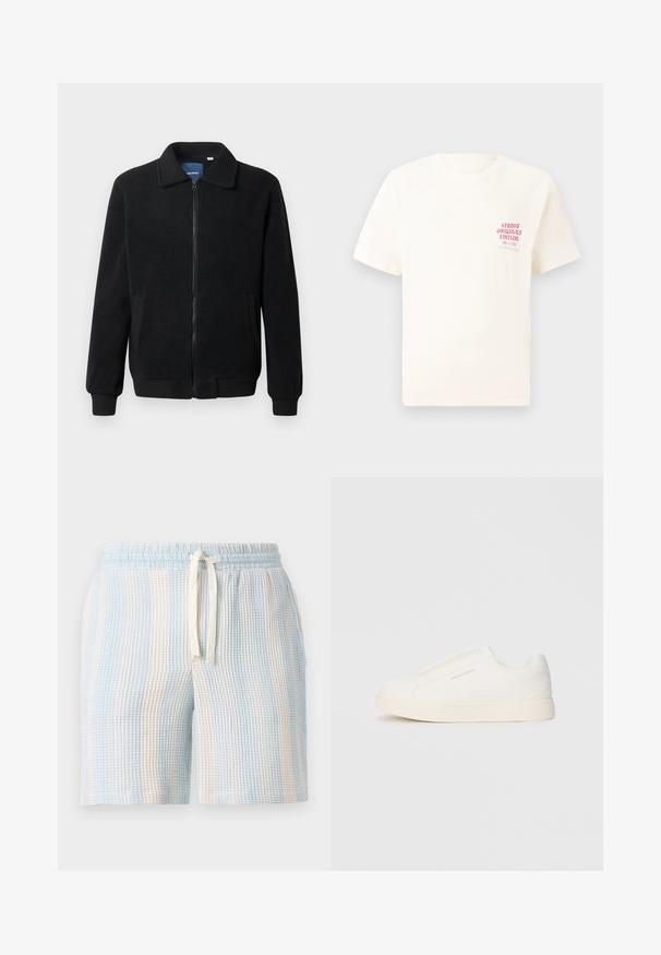 Giacca in pile nera con chiusura zip, colletto alto, polsini a coste e tasche laterali con superficie strutturata.; T-shirt bianco a maniche corte con testo rosso "Studio Originals Edition" sul lato sinistro del petto, esposto su uno sfondo grigio neutro.; Pantaloni corti leggeri e texturizzati con un motivo a righe blu e bianche. Presentano un elastico in vita e una chiusura con coulisse.; Sneakers bianchi slip-on con superficie texturizzata, suola spessa e design minimalista. Presentano il logo del marchio sul lato.