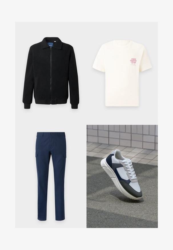 Casaco de polar preto com fecho de correr, gola alta, punhos canelados e bolsos laterais com uma superfície texturizada.; T-shirt branca de mangas curtas com o texto vermelho "Edição Originais do Estúdio" no lado esquerdo do peito, apresentada sobre um fundo cinza neutro.; Calças cargo de marinha feitas de algodão, com bolsos laterais, fecho com botão, pernas retas e uma textura suave.; Sapatilhas brancas, azuis-marinho e cinzas com um design de materiais mistos, apresentando uma parte superior texturizada, atacadores planos e uma sola acolchoada.