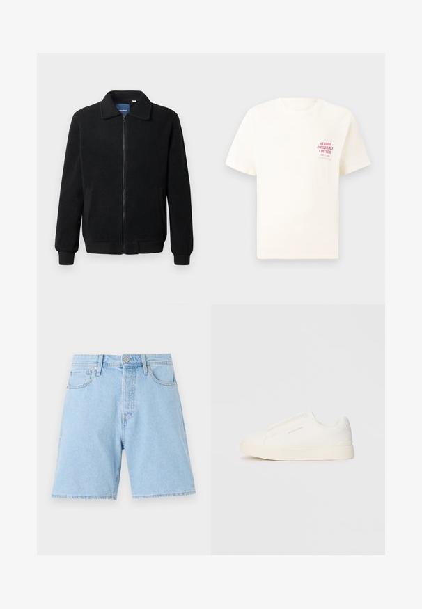 Musternahk fleece-jakk musternahaga, tõmblukk, seisev kaelus, soonikkoes varrukad ja küljetaskud tekstuurse pinnaga.; Valge lühikeste varrukatega T-särk, millel on vasakul rinnal punane tekst "Studio Originals Edition", esitatud neutraalsel hallil taustal.; Heledad sinise värvi teksalühikesed püksid klassikalise lõikega, viie tasku, nööpkinnitus ja tikitud serv. Vastupidav kangas, millel on sile tekstuur.; Valged libisemiskindlad tossud tekstuuriga pinnaga, paksu tallaga ja minimalistikus disainis. Küljel on brändi logo.