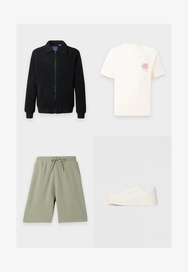 Casaco de polar preto com fecho de correr, gola alta, punhos canelados e bolsos laterais com uma superfície texturizada.; T-shirt branca de mangas curtas com o texto vermelho "Edição Originais do Estúdio" no lado esquerdo do peito, apresentada sobre um fundo cinza neutro.; Calções verdes claros feitos de um tecido texturado com cintura elástica e cordão. Corte reto e design até ao joelho.; Sapatilhas brancas de atacar com uma superfície texturizada, sola grossa e design minimalista. Possui o logo da marca na lateral.