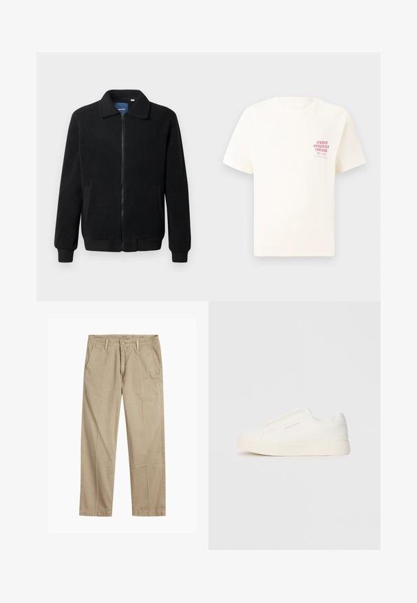 Jachetă din fleece neagră, cu închidere prin fermoar, guler înalt, manșete ribbate și buzunare laterale cu o suprafață texturată.; Tricou alb cu mânecă scurtă, având text roșu "Studio Originals Edition" pe partea stângă a pieptului, expus pe un fundal gri neutru.; Chino bej cu picior drept, cu bucle pentru curea, închidere cu nasture și fermoar în față, și buzunare laterale înclinate.; Tenisi albi slip-on cu o suprafață texturată, talpă groasă și un design minimalist. Prezintă logo-ul brandului pe lateral.