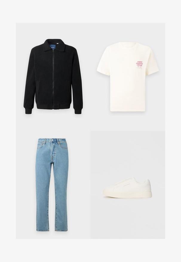 Casaco de polar preto com fecho de correr, gola alta, punhos canelados e bolsos laterais com uma superfície texturizada.; T-shirt branca de mangas curtas com o texto vermelho "Edição Originais do Estúdio" no lado esquerdo do peito, apresentada sobre um fundo cinza neutro.; Jeans de denim azul claro com corte reto, apresentando costuras laranja, fecho de botão e design clássico de cinco bolsos.; Sapatilhas brancas de atacar com uma superfície texturizada, sola grossa e design minimalista. Possui o logo da marca na lateral.