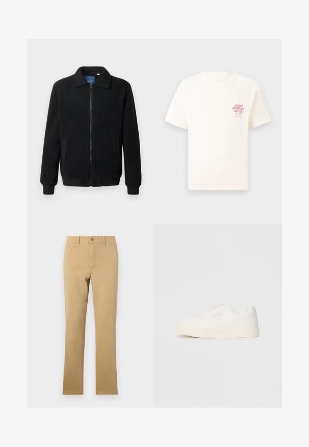 Casaco de polar preto com fecho de correr, gola alta, punhos canelados e bolsos laterais com uma superfície texturizada.; T-shirt branca de mangas curtas com o texto vermelho "Edição Originais do Estúdio" no lado esquerdo do peito, apresentada sobre um fundo cinza neutro.; Calças retas de cor caqui, feitas de algodão, com fecho de botão, bolsos frontais e uma textura suave.; Sapatilhas brancas de atacar com uma superfície texturizada, sola grossa e design minimalista. Possui o logo da marca na lateral.