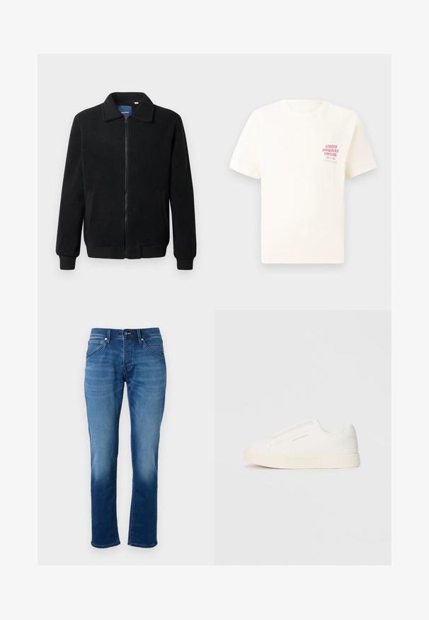 Casaco de polar preto com fecho de correr, gola alta, punhos canelados e bolsos laterais com uma superfície texturizada.; T-shirt branca de mangas curtas com o texto vermelho "Edição Originais do Estúdio" no lado esquerdo do peito, apresentada sobre um fundo cinza neutro.; Jeans de ganga azul com corte reto, textura suave, cinco bolsos e fecho com botão. O tecido apresenta um efeito de lavagem desbotada.; Sapatilhas brancas de atacar com uma superfície texturizada, sola grossa e design minimalista. Possui o logo da marca na lateral.