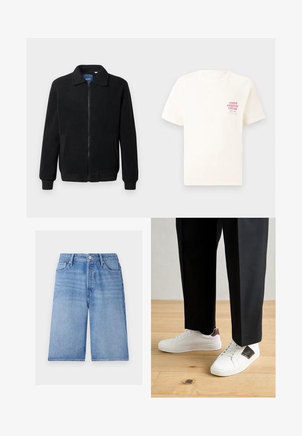 Čierna flísová bunda s uzáverom na zips, stojatým golierom, rebrovanými manžetami a bočnými vreckami s textúrovaným povrchom.; Biele tričko s krátkym rukávom s červeným textom "Studio Originals Edition" na ľavej hrudi, zobrazené na neutrálnom šedom pozadí.; Svetlo modré denimové šortky s voľným strihom, so zipsom, gombíkovým zapínaním, piatimi vreckami a jemne vyblednutou textúrou.; Biele tenisky s hladkým povrchom, s hnedými koženými akcentmi a čiernymi detailmi, spárované s čiernymi elegantnými nohavicami. Pozadím je drevená podlaha.