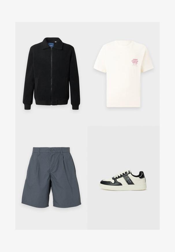 Μαύρο φλις μπουφάν με κλείσιμο με φερμουάρ, όρθιο γιακά, λαστιχένια μανίκια και πλάγιες τσέπες με υφή.; Άσπρη κοντομάνικη μπλούζα με κόκκινο κείμενο "Studio Originals Edition" στο αριστερό στήθος, παρουσιασμένη σε ουδέτερο γκρι φόντο.; Γκρι σορτς φτιαγμένα από ελαφρύ ύφασμα, με μπροστινό κλείσιμο με κουμπί, δύο πλαϊνές τσέπες και ίσια γραμμή.; Δερμάτινα sneakers με μαύρο και κρεμ χρωματικό σχέδιο, με διάτρητες λεπτομέρειες, επενδεδυμένο κολάρο και υφή στη σόλα.