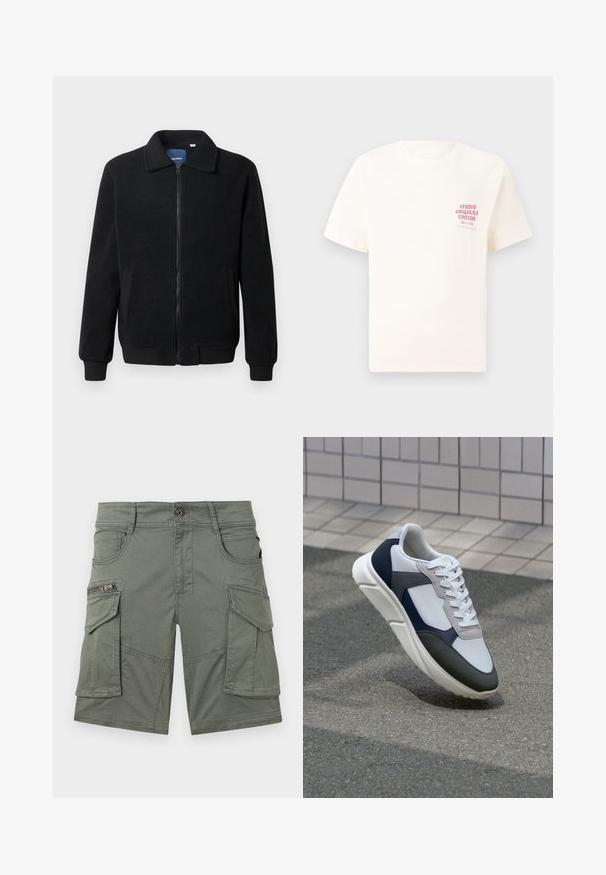 Black fleece jacket featuring a zip closure, stand collar, ribbed cuffs, and side pockets with a textured surface.; White short-sleeve T-shirt with red text "Studio Originals Edition" on left chest, displayed on a neutral gray background.; Olive-green cargo shorts made of cotton blend fabric. Features multiple pockets, including a zip pocket, and sturdy stitching details.; White, navy, and gray sneaker with a mixed material design, featuring a textured upper, flat laces, and a cushioned sole.