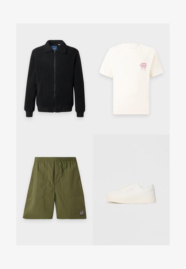 Black fleece jacket featuring a zip closure, stand collar, ribbed cuffs, and side pockets with a textured surface.; White short-sleeve T-shirt with red text "Studio Originals Edition" on left chest, displayed on a neutral gray background.; Green nylon shorts with an elastic waistband, two side pockets, and a patch label featuring "GAP" in white on a dark gray background.; White slip-on sneakers with a textured surface, a thick sole, and minimalistic design. Features brand logo on the side.