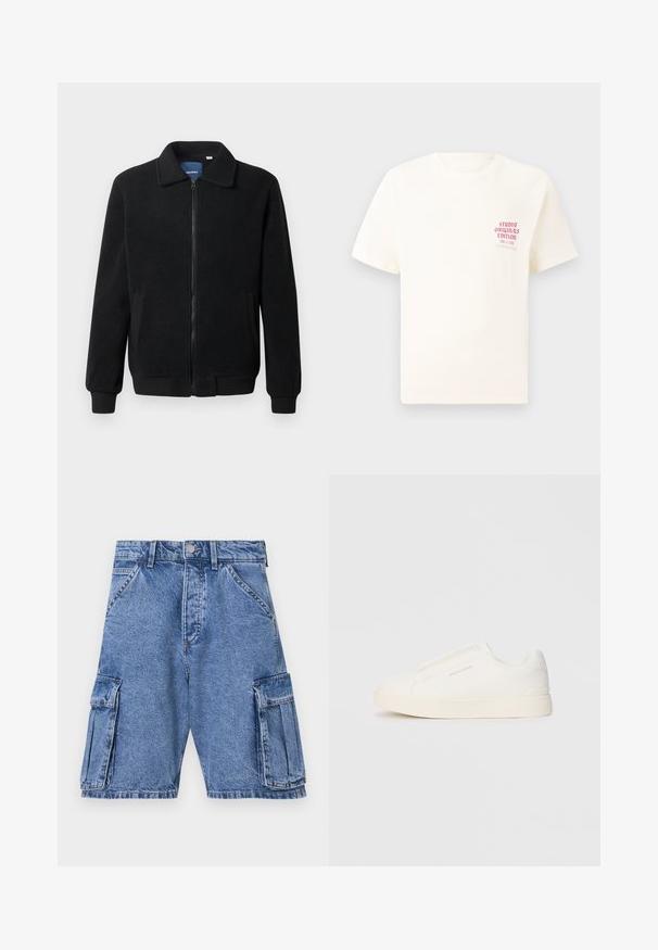 Veste en polaire noire avec fermeture éclair, col montant, poignets côtelés et poches latérales avec une surface texturée.; T-shirt blanc à manches courtes avec le texte rouge "Édition Originals du Studio" sur la poitrine gauche, présenté sur un fond gris neutre.; Shorts cargo en denim bleu à taille haute, avec plusieurs poches cargo sur les côtés et un design classique à cinq poches. Texture délavée.; Baskets blanches sans lacets avec une surface texturée, une semelle épaisse et un design minimaliste. Présente le logo de la marque sur le côté.