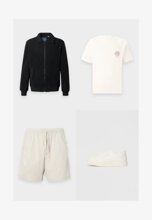 Crni flis jakna s zatvaranjem na zip, stojećim ovratnikom, rebrastim manžetama i bočnim džepovima s teksturiranom površinom.; Bijela kratka majica s kratkim rukavima s crvenim natpisom "Studio Originals Edition" na lijevoj strani grudi, prikazana na neutralnoj sivoj pozadini.; Bež pamuk kratke hlače s elastičnim pojasom, podešavanjem uzicom i bočnim džepovima. Imaju glatku, laganu teksturu.; Bijele slip-on tenisice s teksturiranom površinom, debelim đonom i minimalističkim dizajnom. Sadrže logo branda sa strane.