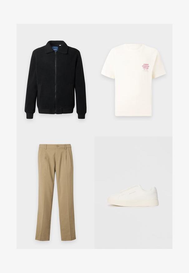 Casaco de polar preto com fecho de correr, gola alta, punhos canelados e bolsos laterais com uma superfície texturizada.; T-shirt branca de mangas curtas com o texto vermelho "Edição Originais do Estúdio" no lado esquerdo do peito, apresentada sobre um fundo cinza neutro.; Calças castanhas feitas de um tecido suave, apresentando dois pregas na frente, fecho de botão e pernas retas com uma bainha limpa.; Sapatilhas brancas de atacar com uma superfície texturizada, sola grossa e design minimalista. Possui o logo da marca na lateral.