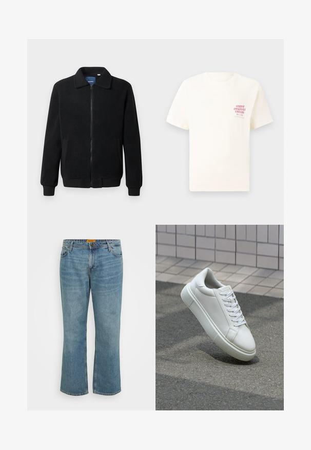 Černá fleecová bunda s zipovým uzávěrem, stojáčkem, vroubkovanými manžetami a bočními kapsami s texturovaným povrchem.; Bílý krátký rukávový tričko s červeným textem "Studio Originals Edition" na levé hrudi, vystavené na neutrálním šedém pozadí.; Světle modré džínové kalhoty se rovnýma nohama, pěti kapsami, viditelným šitím a zipem na přední straně. Štítek je žlutý na vnitřním pásu.; Bílé kožené tenisky s hladkým povrchem, kulatou špičkou a plochými bílými tkaničkami. Disponují texturovanou gumovou podrážkou a minimálními designovými prvky.