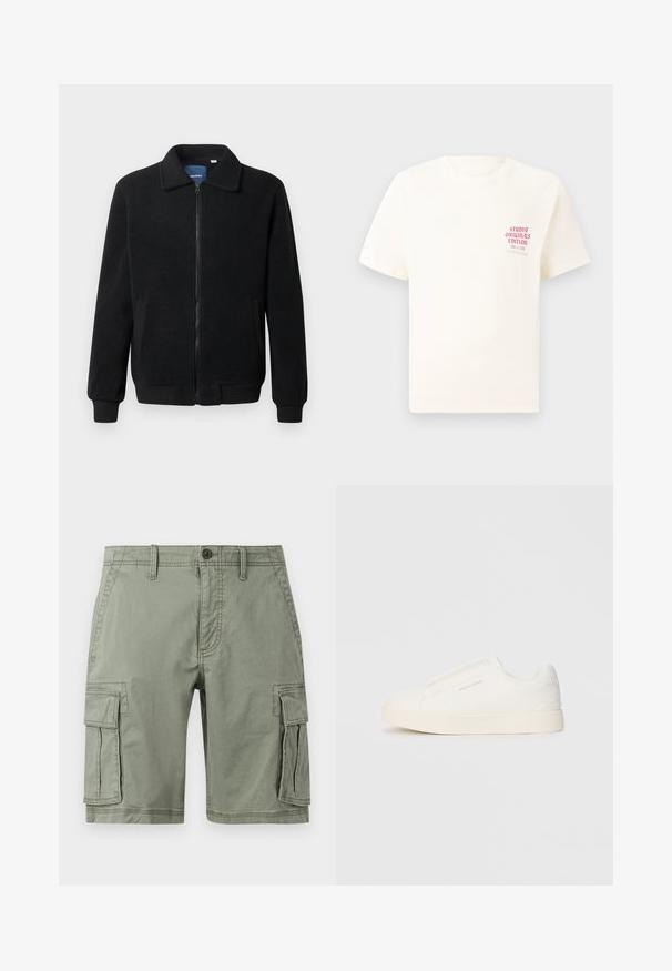 Chaqueta de forro polar negra con cierre de cremallera, cuello alzado, puños acanalados y bolsillos laterales con una superficie texturizada.; Camiseta blanca de manga corta con el texto rojo "Edición de Studio Originals" en el lado izquierdo del pecho, exhibida sobre un fondo gris neutro.; Pantalones cortos cargo verdes hechos de una mezcla de algodón, con dos bolsillos laterales, cierre de botón y un diseño de corte recto.; Zapatillas blancas tipo slip-on con una superficie texturizada, suela gruesa y diseño minimalista. Presenta el logo de la marca en un lado.