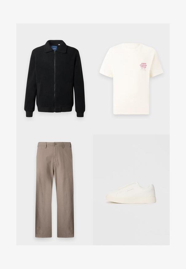 Melnā vilnas jaka ar rāvējslēdzēju, stāvošu apkakli, ribotām piedurknēm un sānu kabatām ar teksturētu virsmu.; Balts īsām piedurknēm T-krekls ar sarkanu tekstu "Studio Originals Edition" uz kreisā krūšu, pakārtots neitrālā pelēkā fonā.; Beige taisnas kājas bikses, izgatavotas no viegla auduma, ar pogu aizdari, priekšējām kabatām un tīru šuvumu.; Baltas slip-on sporta apavi ar teksturētu virsmu, biezu zoli un minimālistisku dizainu. Sānos redzams zīmola logotips.