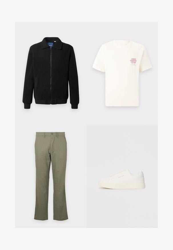 Casaco de polar preto com fecho de correr, gola alta, punhos canelados e bolsos laterais com uma superfície texturizada.; T-shirt branca de mangas curtas com o texto vermelho "Edição Originais do Estúdio" no lado esquerdo do peito, apresentada sobre um fundo cinza neutro.; Calças olivas descontraídas, feitas de um tecido macio. Apresentam um corte de perna reta, bolsos frontais e um fecho de botão. Sem padrões visíveis.; Sapatilhas brancas de atacar com uma superfície texturizada, sola grossa e design minimalista. Possui o logo da marca na lateral.