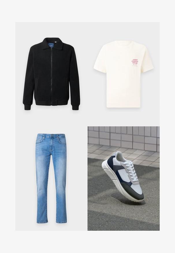 Veste en polaire noire avec fermeture éclair, col montant, poignets côtelés et poches latérales avec une surface texturée.; T-shirt blanc à manches courtes avec le texte rouge "Édition Originals du Studio" sur la poitrine gauche, présenté sur un fond gris neutre.; Jean en denim bleu clair avec une coupe droite, comprenant cinq poches, une fermeture à bouton et à glissière, et des motifs de décoloration subtils.; Baskets blanches, bleu marine et grises avec un design en matériaux mélangés, présentant une tige texturée, des lacets plats et une semelle rembourrée.