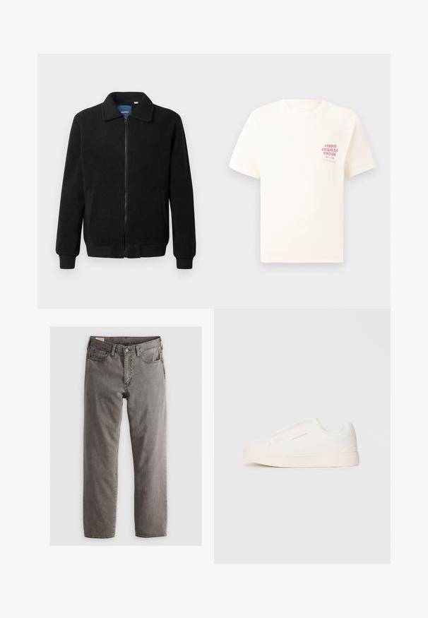 Black fleece jacket featuring a zip closure, stand collar, ribbed cuffs, and side pockets with a textured surface.; White short-sleeve T-shirt with red text "Studio Originals Edition" on left chest, displayed on a neutral gray background.; Gray denim jeans with a straight cut, five-pocket design, and button-fly closure; no visible patterns or accents; slightly faded finish.; White slip-on sneakers with a textured surface, a thick sole, and minimalistic design. Features brand logo on the side.