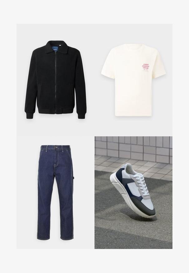 Black fleece jacket featuring a zip closure, stand collar, ribbed cuffs, and side pockets with a textured surface.; White short-sleeve T-shirt with red text "Studio Originals Edition" on left chest, displayed on a neutral gray background.; Dark blue denim cargo pants with yellow stitching, side pockets, and a straight fit design. Features a button and zipper closure.; White, navy, and gray sneaker with a mixed material design, featuring a textured upper, flat laces, and a cushioned sole.