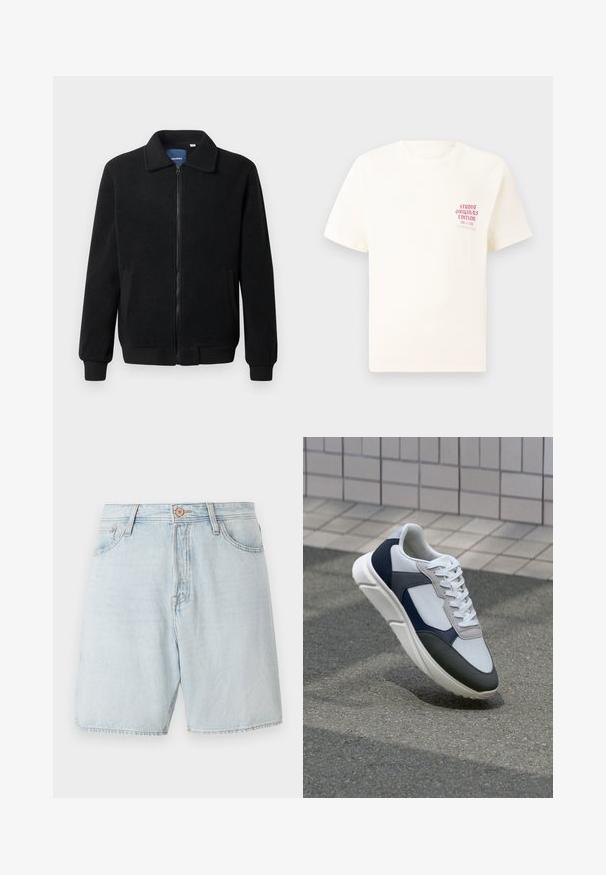 Fekete bolyhos dzseki cipzárral, állógallérral, bordázott mandzsettákkal és oldalzsebekkel, textúrált felülettel.; Fehér, rövid ujjú póló, bal mellen piros szöveggel "Studio Originals Edition", semleges szürke háttér előtt.; Világoskék farmer rövidnadrág magas derekú kialakítással, öt zsebes dizájnnal és kontrasztos varrással. Klasszikus gombos és cipzáras záródással rendelkezik.; Fehér, tengerészkék és szürke sneaker vegyes anyagokból készült dizájnnal, amely textúrázott felsőrésszel, lapos fűzőkkel és párnázott talppal rendelkezik.