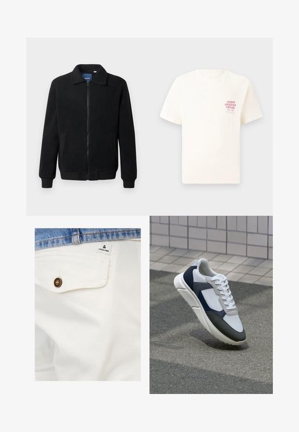Veste en polaire noire avec fermeture éclair, col montant, poignets côtelés et poches latérales avec une surface texturée.; T-shirt blanc à manches courtes avec le texte rouge "Édition Originals du Studio" sur la poitrine gauche, présenté sur un fond gris neutre.; Shorts en coton blancs avec une poche avant, dotés d'un bouton marron et d'une petite étiquette JACK & JONES près de la ceinture.; Baskets blanches, bleu marine et grises avec un design en matériaux mélangés, présentant une tige texturée, des lacets plats et une semelle rembourrée.