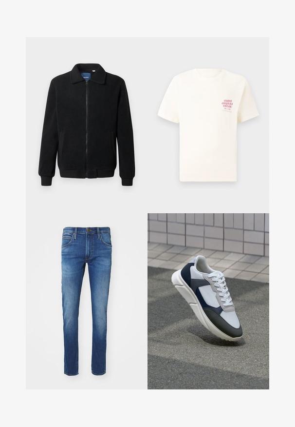 Musternahk fleece-jakk musternahaga, tõmblukk, seisev kaelus, soonikkoes varrukad ja küljetaskud tekstuurse pinnaga.; Valge lühikeste varrukatega T-särk, millel on vasakul rinnal punane tekst "Studio Originals Edition", esitatud neutraalsel hallil taustal.; Sinine denimpüksid sirge jala disainiga, viie taskuga, nuppu ja tõmbluku sulgemisega ning ette pool peenelt pleekinud.; Valge, mereväe sinine ja hall spordijalats, millel on segatud materjalide disain, tekstureeritud ülemine osa, lame pael ja pehme talla.