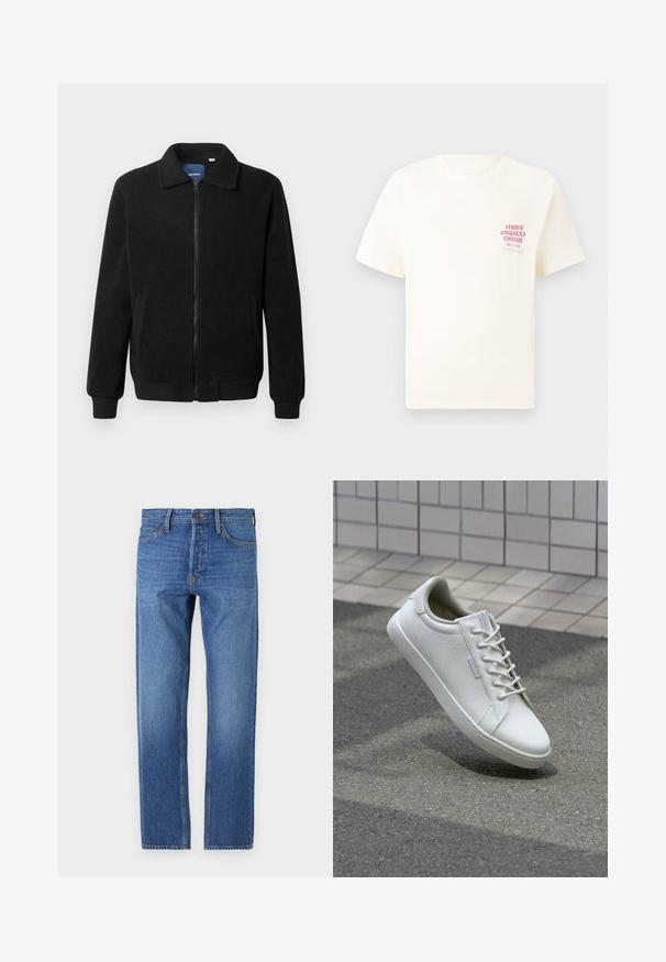 Casaco de polar preto com fecho de correr, gola alta, punhos canelados e bolsos laterais com uma superfície texturizada.; T-shirt branca de mangas curtas com o texto vermelho "Edição Originais do Estúdio" no lado esquerdo do peito, apresentada sobre um fundo cinza neutro.; Jeans de denim azul com corte reto, design clássico de cinco bolsos, costura em cobre e um tom desbotado para um aspeto de uso.; Sapatilha branca feita de couro texturizado, com atacadores na parte da frente, sola de borracha resistente e design minimalista com biqueira reforçada.