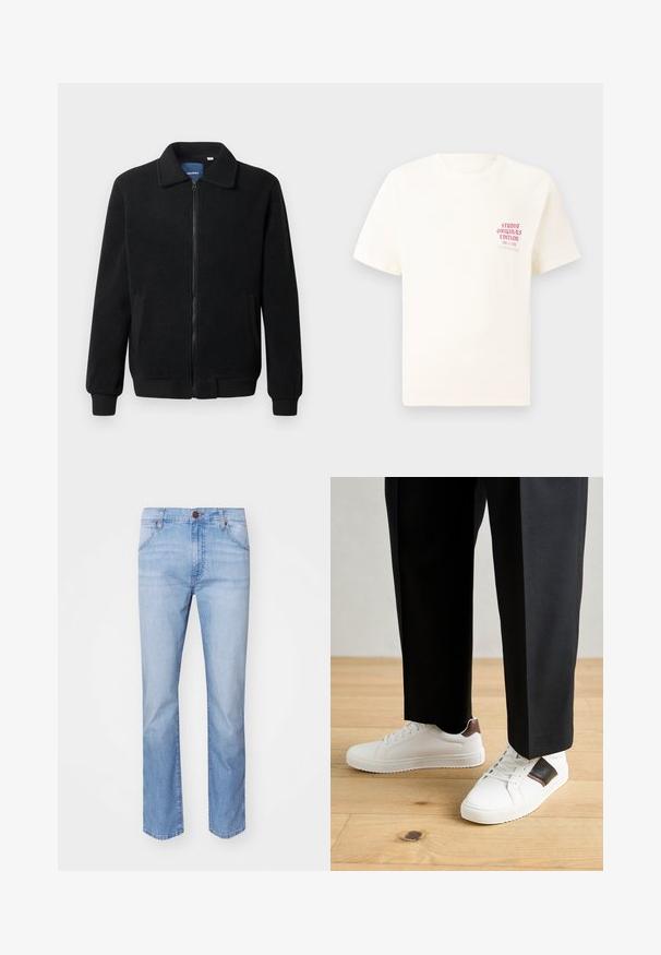 Svart fleece jakke med glidelås, høy krage, ribbestrikkede mansjetter og sidelommer med strukturert overflate.; Hvit T-skjorte med korte ermer og rød tekst "Studio Originals Edition" på venstre bryst, vist på en nøytral grå bakgrunn.; Lyseblå denimjeans med rett bendesign, med frontlommer, knappelukking og subtil fading gjennom hele.; Hvite sneakers med glatt tekstur, med brune skinnakenter og svart detaljer, parret med svarte skreddersydde bukser. Bakgrunn med tregulv.
