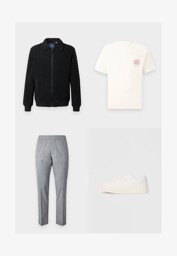 Black fleece jacket featuring a zip closure, stand collar, ribbed cuffs, and side pockets with a textured surface.; White short-sleeve T-shirt with red text "Studio Originals Edition" on left chest, displayed on a neutral gray background.; Grey, woven trousers with an elastic waistband, straight cut, and crease down the front. Fabric texture appears smooth and lightweight.; White slip-on sneakers with a textured surface, a thick sole, and minimalistic design. Features brand logo on the side.