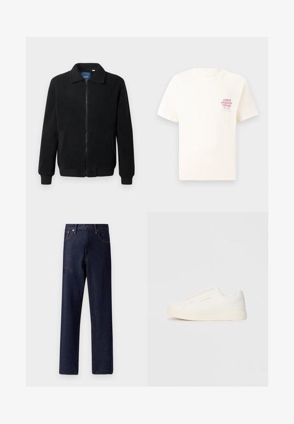 Svart fleece jakke med glidelås, høy krage, ribbestrikkede mansjetter og sidelommer med strukturert overflate.; Hvit T-skjorte med korte ermer og rød tekst "Studio Originals Edition" på venstre bryst, vist på en nøytral grå bakgrunn.; Mørkeblå denimjeans med rak benkutt, fem lommer og subtile søm detaljer. Midje i normal høyde med metallknapp og glidelås-lukking.; Hvite slip-on joggesko med teksturert overflate, tykk såle og minimalistisk design. Har merkevarelogo på siden.