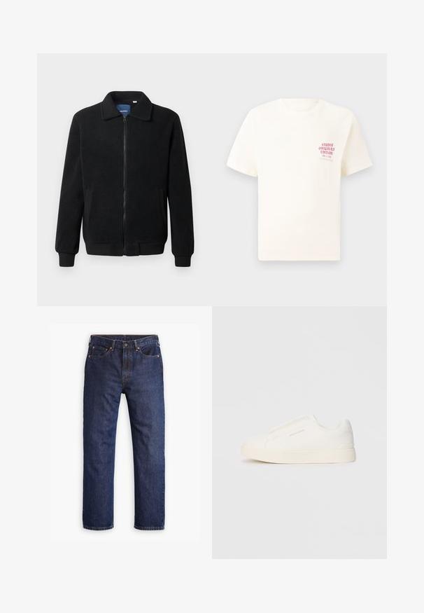 Black fleece jacket featuring a zip closure, stand collar, ribbed cuffs, and side pockets with a textured surface.; White short-sleeve T-shirt with red text "Studio Originals Edition" on left chest, displayed on a neutral gray background.; Dark blue straight-leg denim jeans with front button, zipper fly, five pockets, and copper rivet details.; White slip-on sneakers with a textured surface, a thick sole, and minimalistic design. Features brand logo on the side.