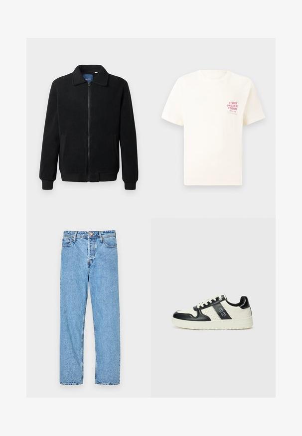 Μαύρο φλις μπουφάν με κλείσιμο με φερμουάρ, όρθιο γιακά, λαστιχένια μανίκια και πλάγιες τσέπες με υφή.; Άσπρη κοντομάνικη μπλούζα με κόκκινο κείμενο "Studio Originals Edition" στο αριστερό στήθος, παρουσιασμένη σε ουδέτερο γκρι φόντο.; Ανοιχτού μπλε τζιν παντελόνι με ίσια γραμμή, πέντε τσέπες, ορατές ραφές και κλείσιμο με κουμπί και φερμουάρ.; Δερμάτινα sneakers με μαύρο και κρεμ χρωματικό σχέδιο, με διάτρητες λεπτομέρειες, επενδεδυμένο κολάρο και υφή στη σόλα.